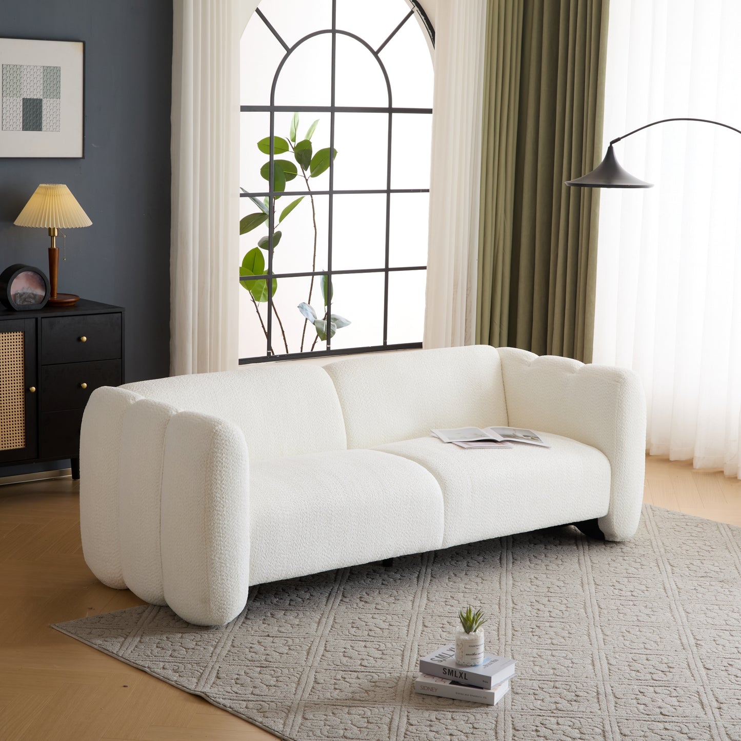 3-Seater Boucle Sofa with Wave Design - White