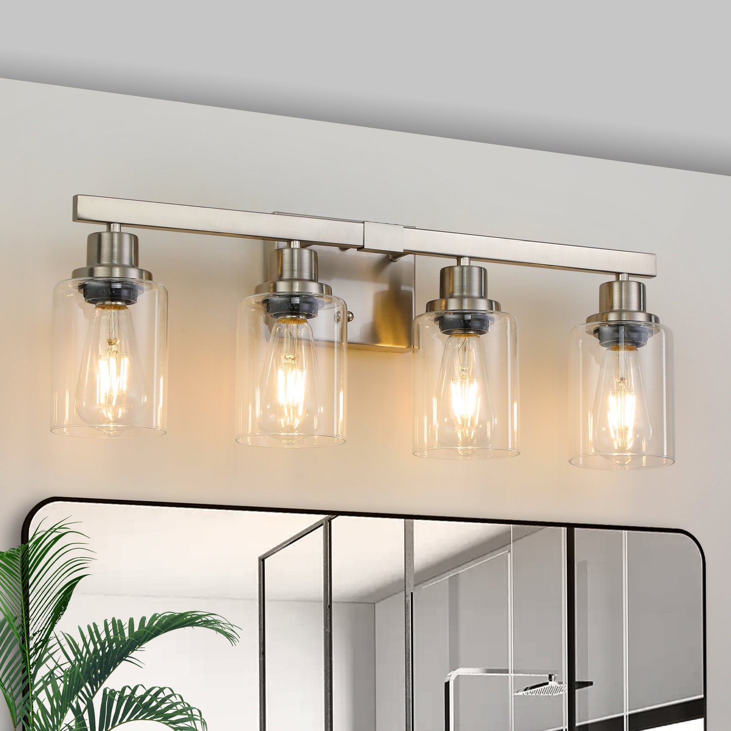 Modern 4-Light Bathroom Vanity Light Fixture - Brushed Nickel with Glass Shades
