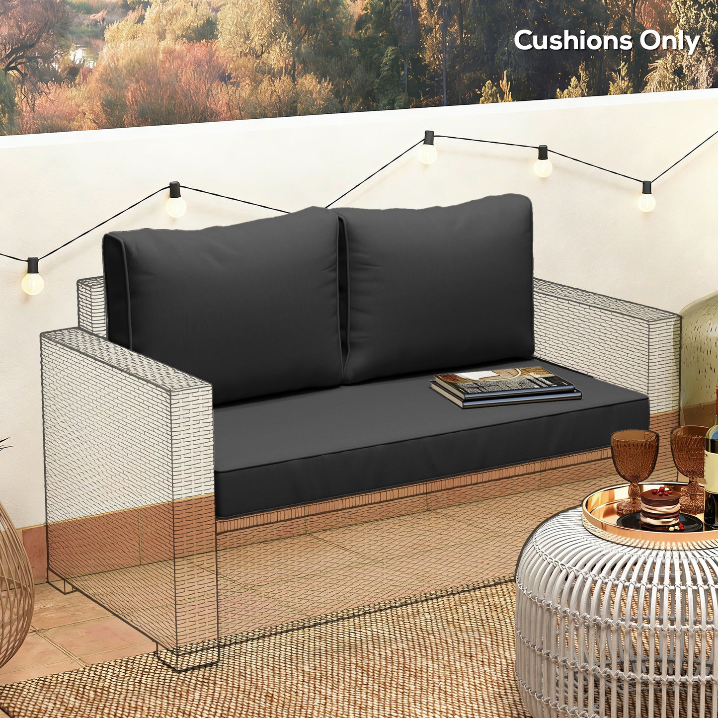 Outdoor Loveseat Cushion Set - Thick, Removable Covers, Black