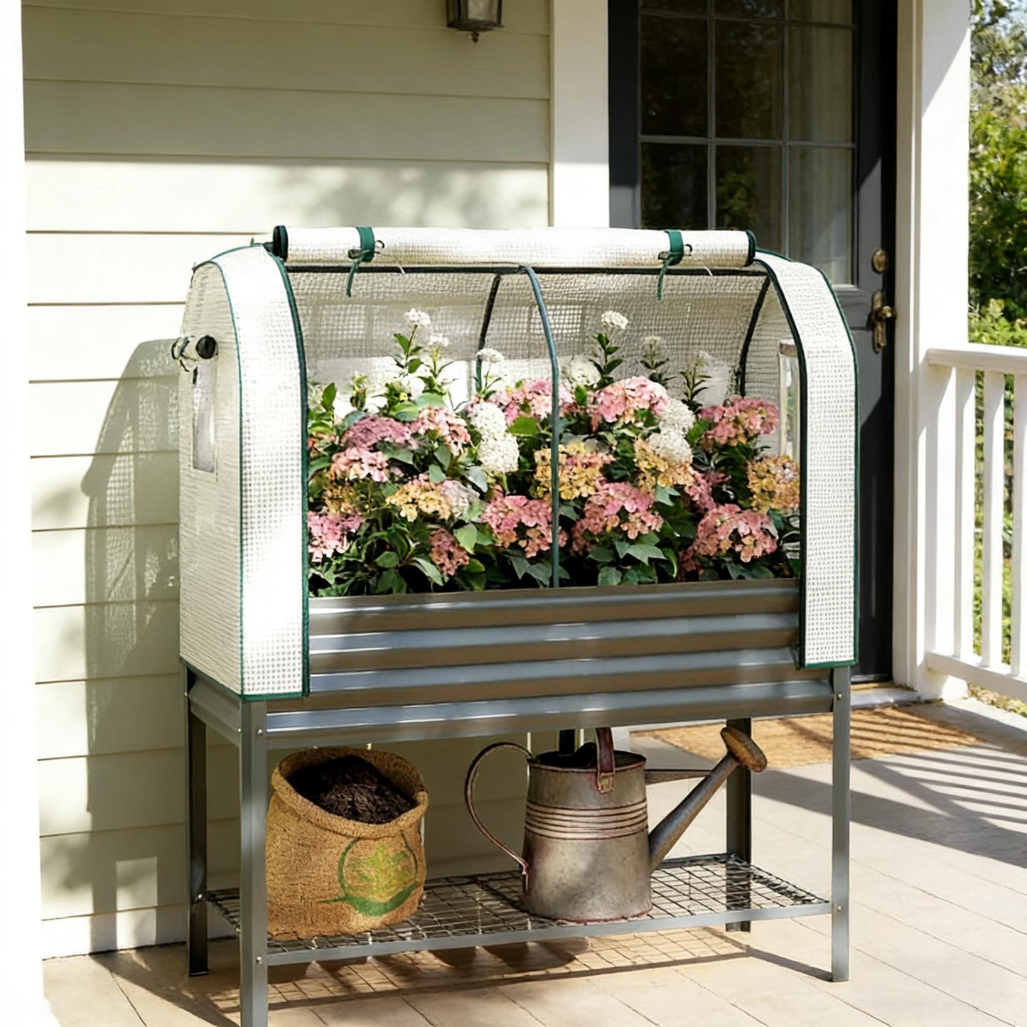 Raised Metal Garden Bed with Greenhouse Cover - Dark Gray