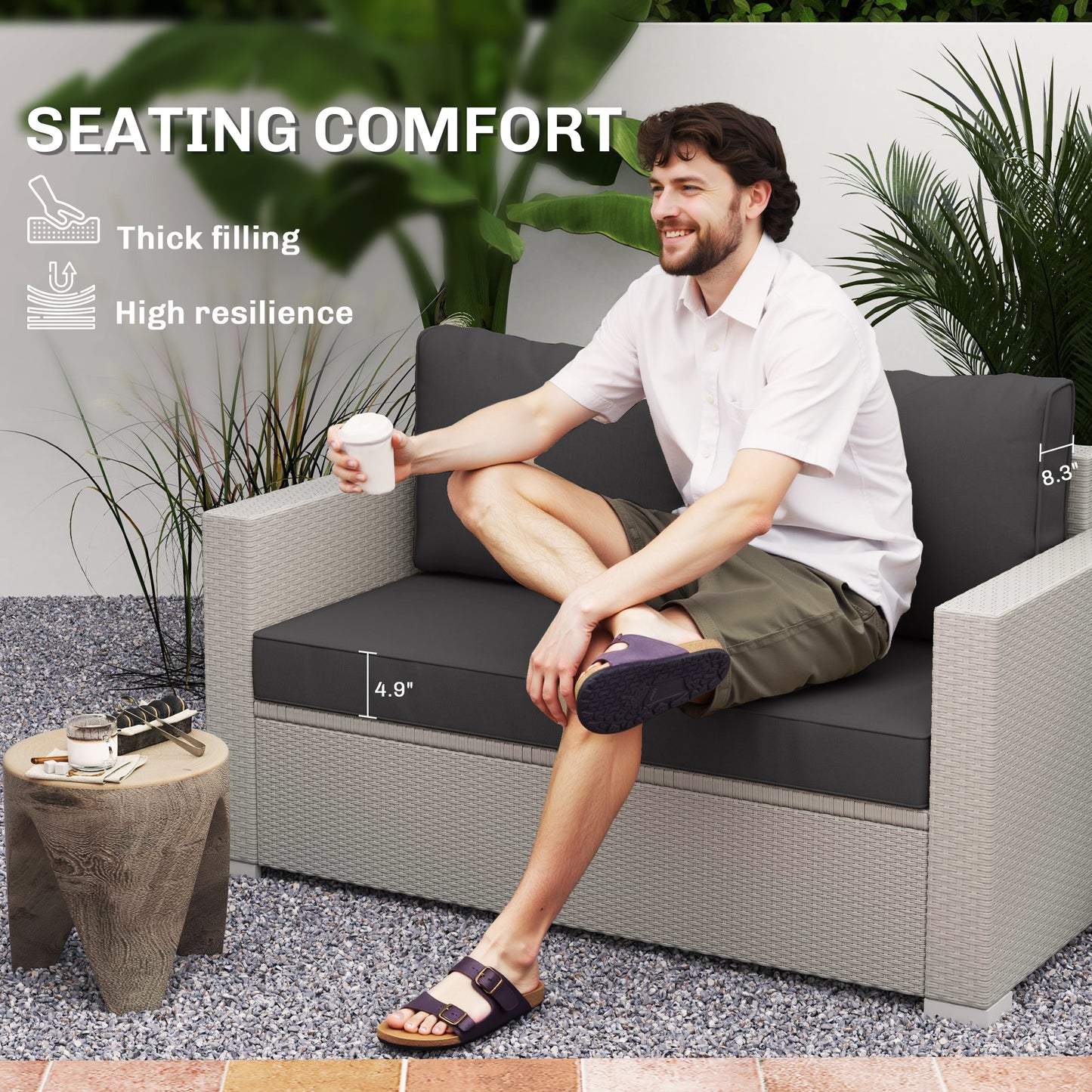 Outdoor Loveseat Cushion Set - Thick, Removable Covers, Black