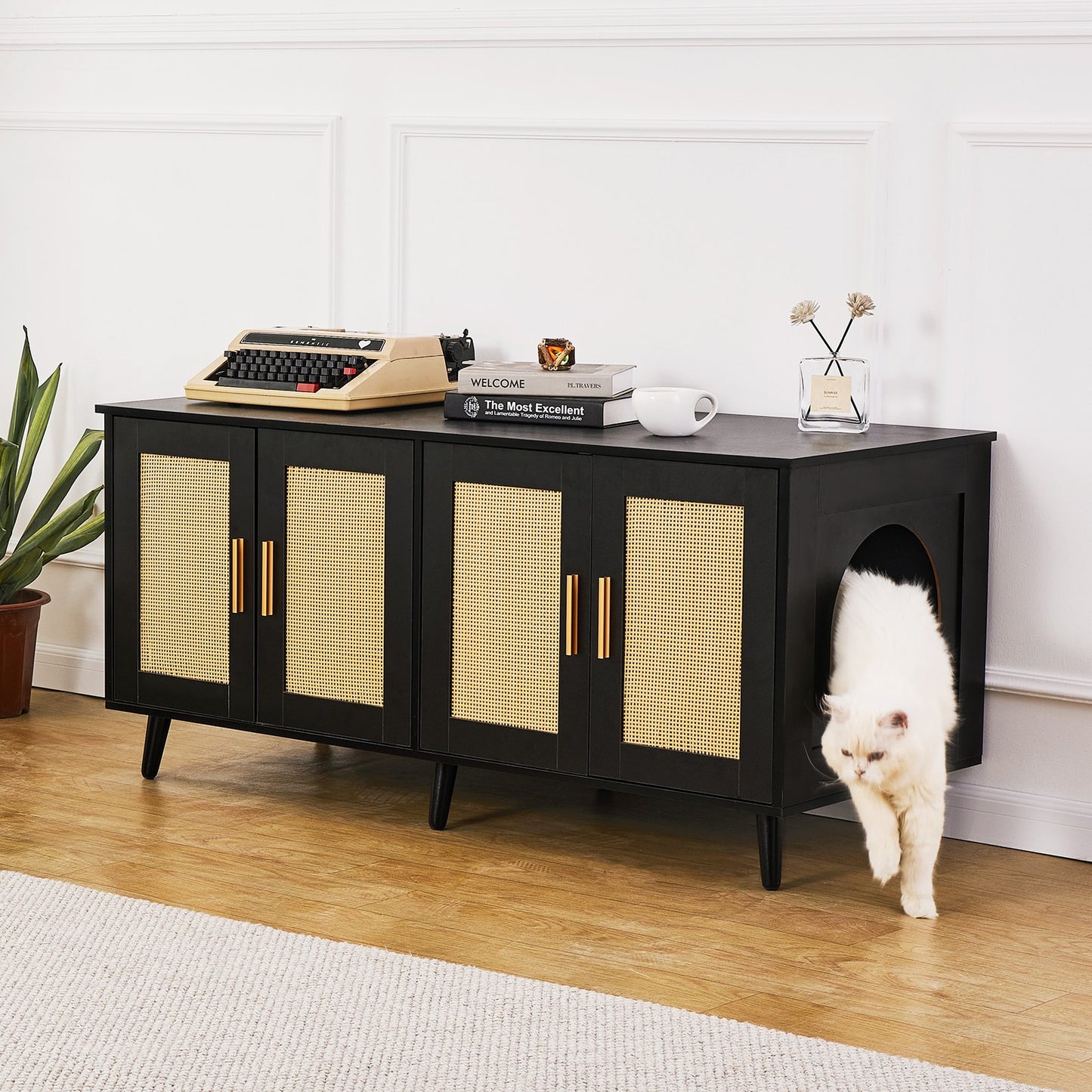 Wooden Cat Litter Box Enclosure with Hidden Design & 2 Rooms - Black