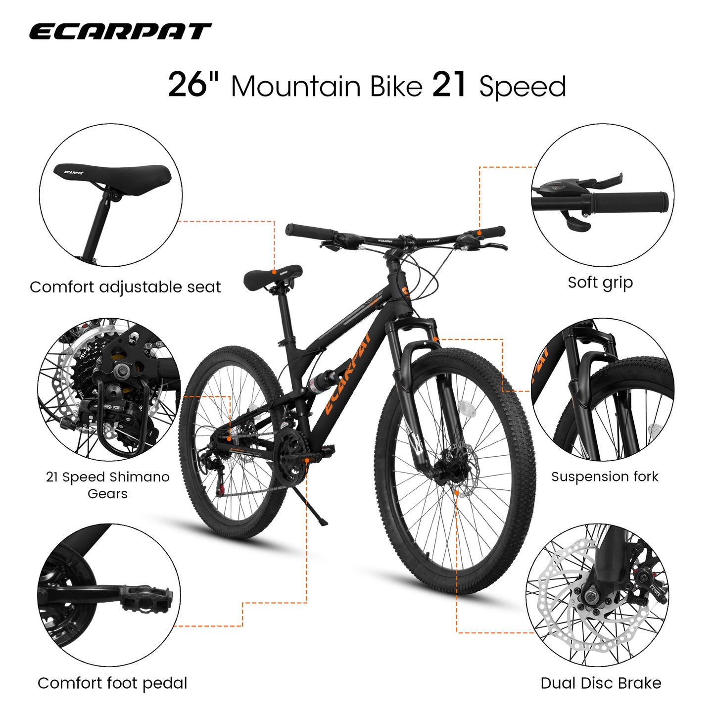 26-Inch Mountain Bike with Steel Frame & Shock Absorber - Black/Orange