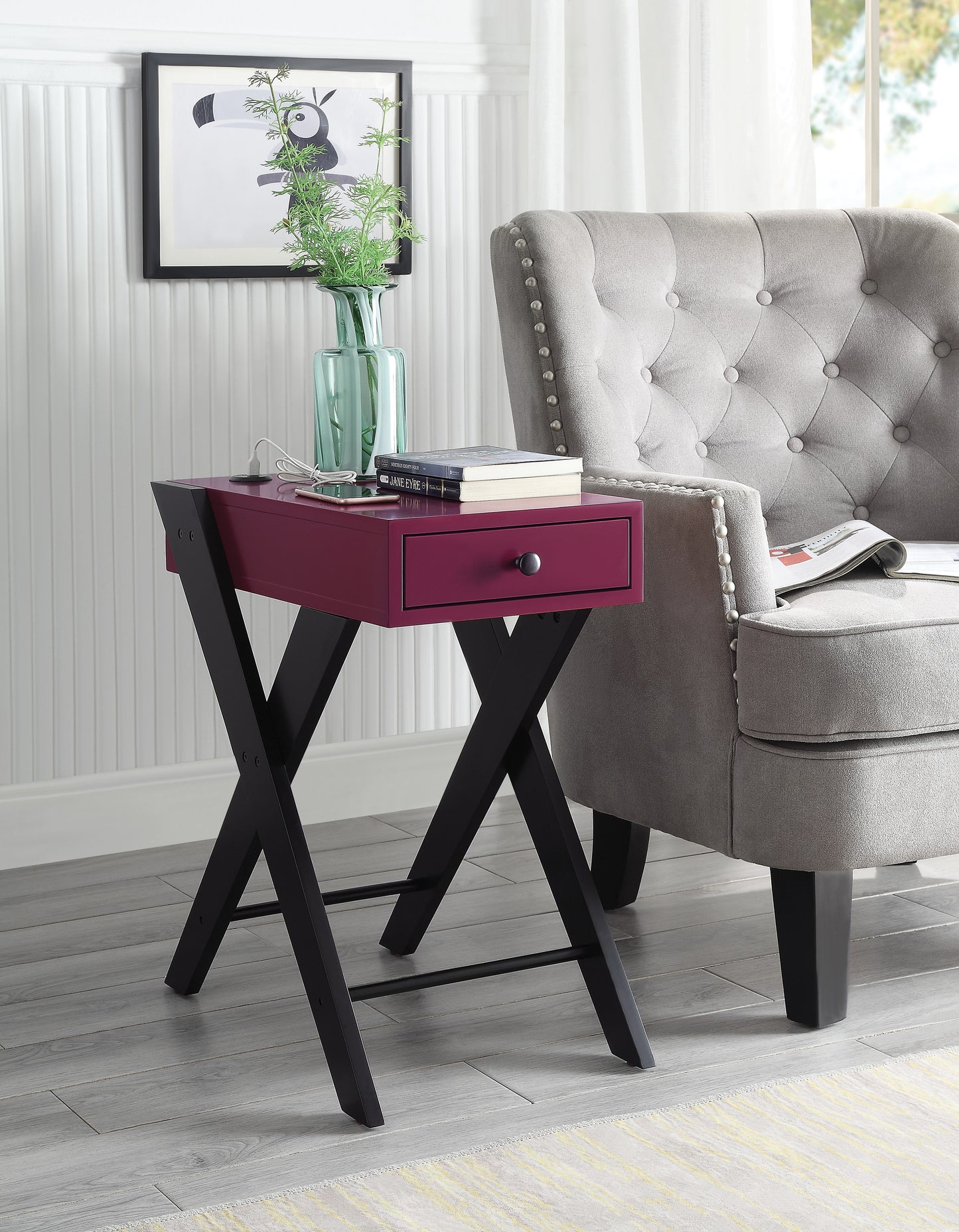 Fierce Accent Table with USB Port - Black & Burgundy