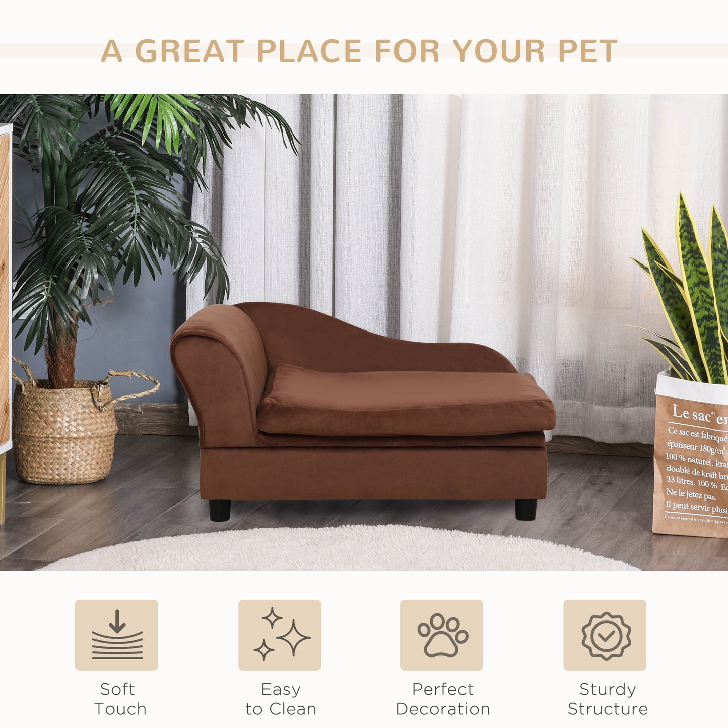Small Dog Sofa Bed with Storage and Cushion, Brown Pet Furniture