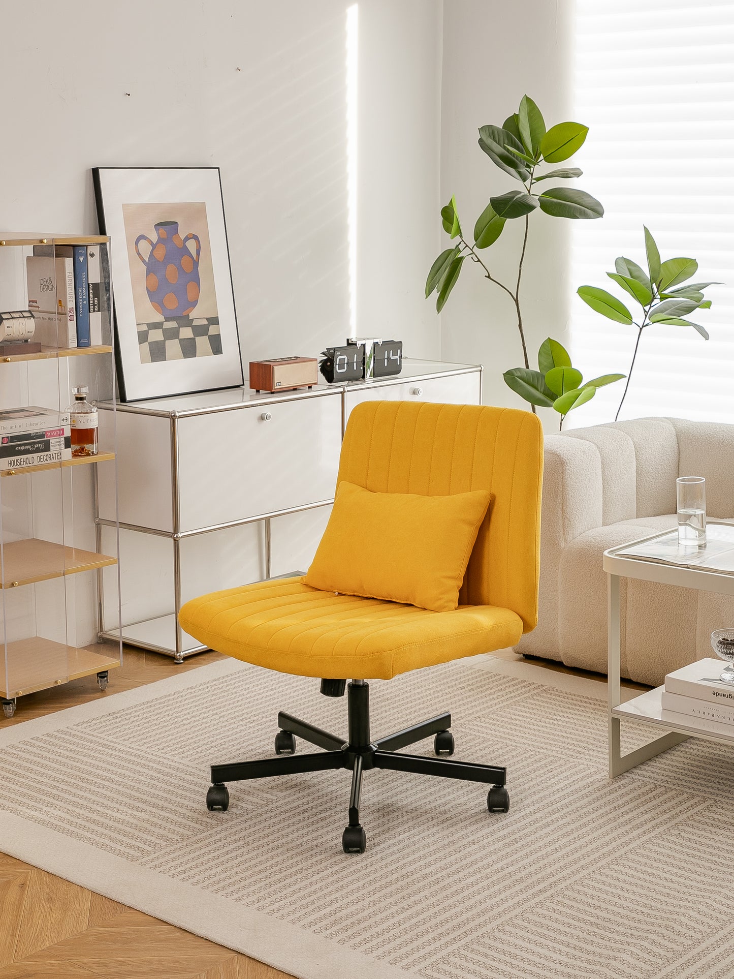 Yellow Linen Criss Cross Office Chair with Wheels - Ergonomic Design