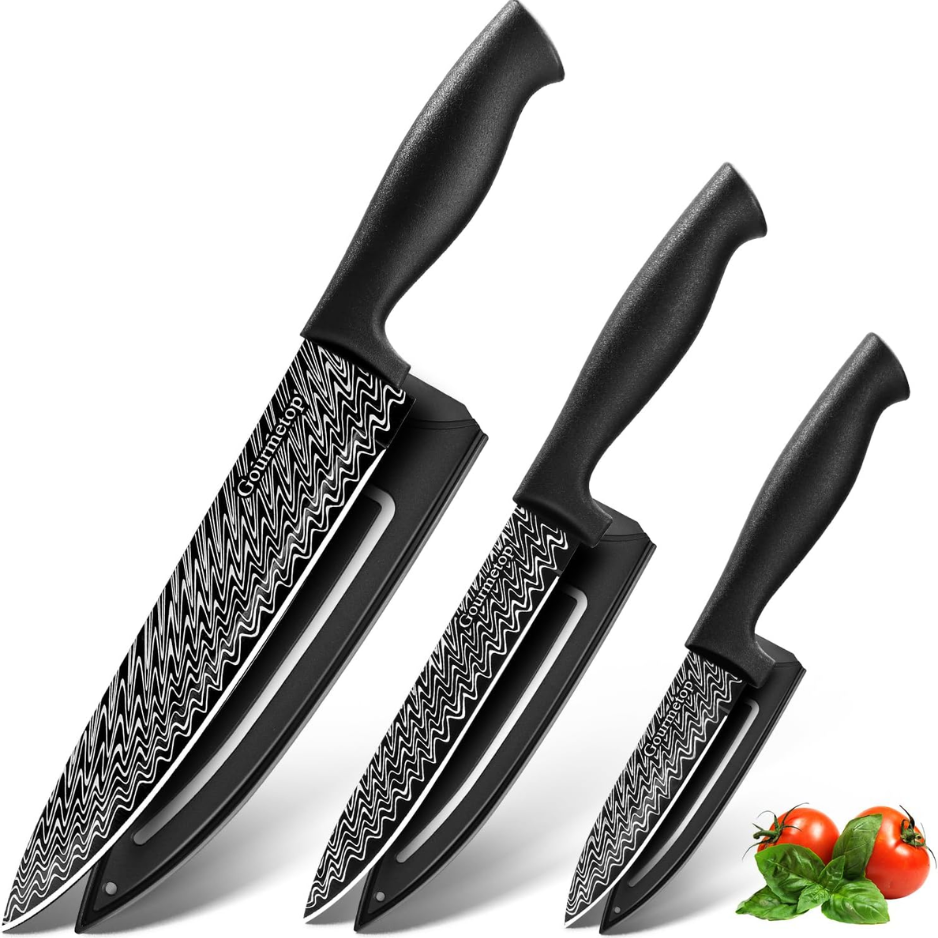 3-Piece Kitchen Knife Set with Blade Covers - Black Damascus Pattern