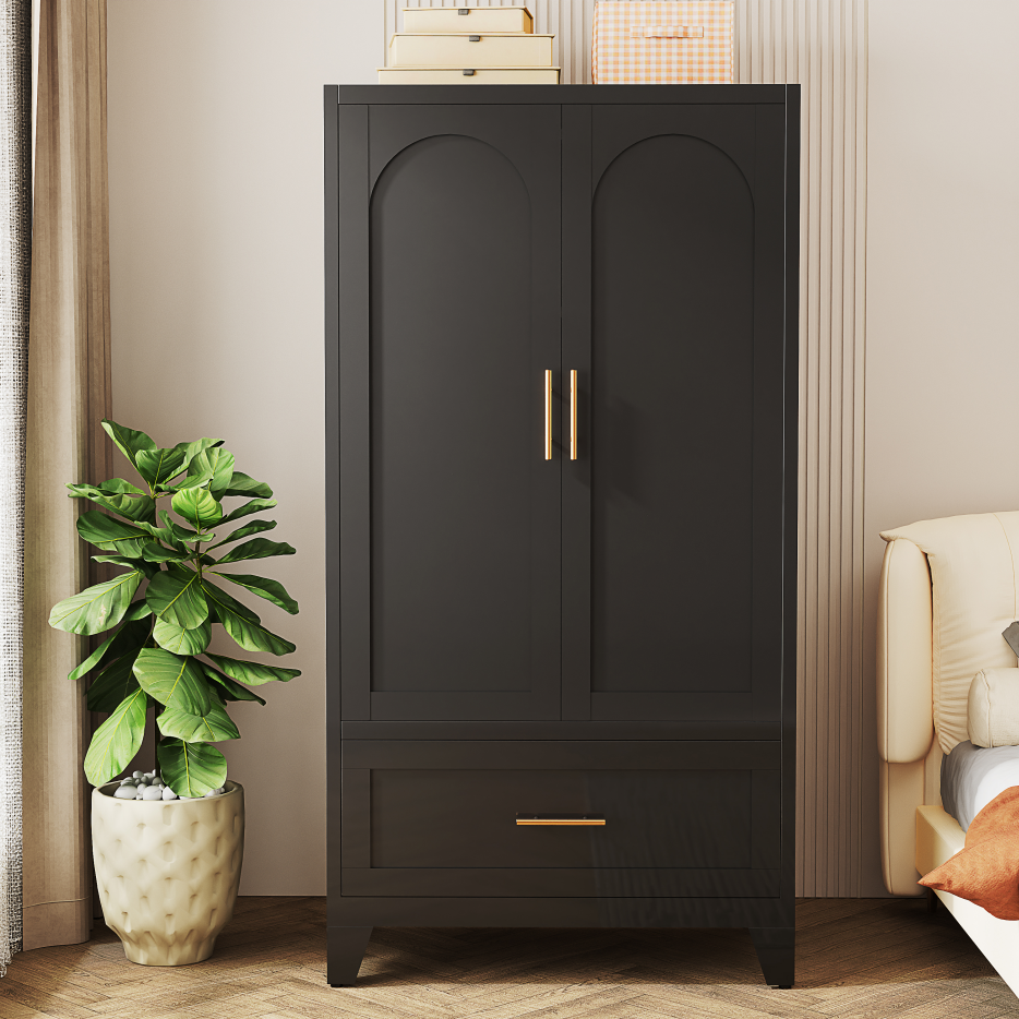 60" Tall Metal Wardrobe Cabinet with Drawer & Hanging Rod - Black