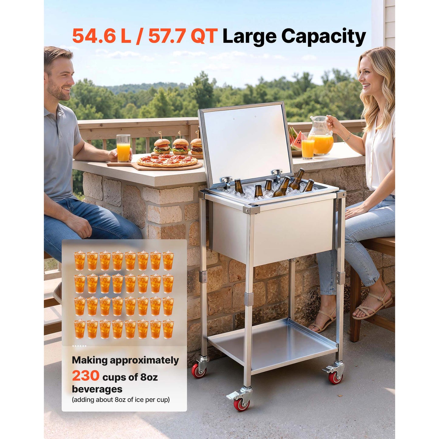 Stainless Steel Ice Chest Cooler Cart 57.7 Quart Outdoor Trolley with Wheels & Flip Lid
