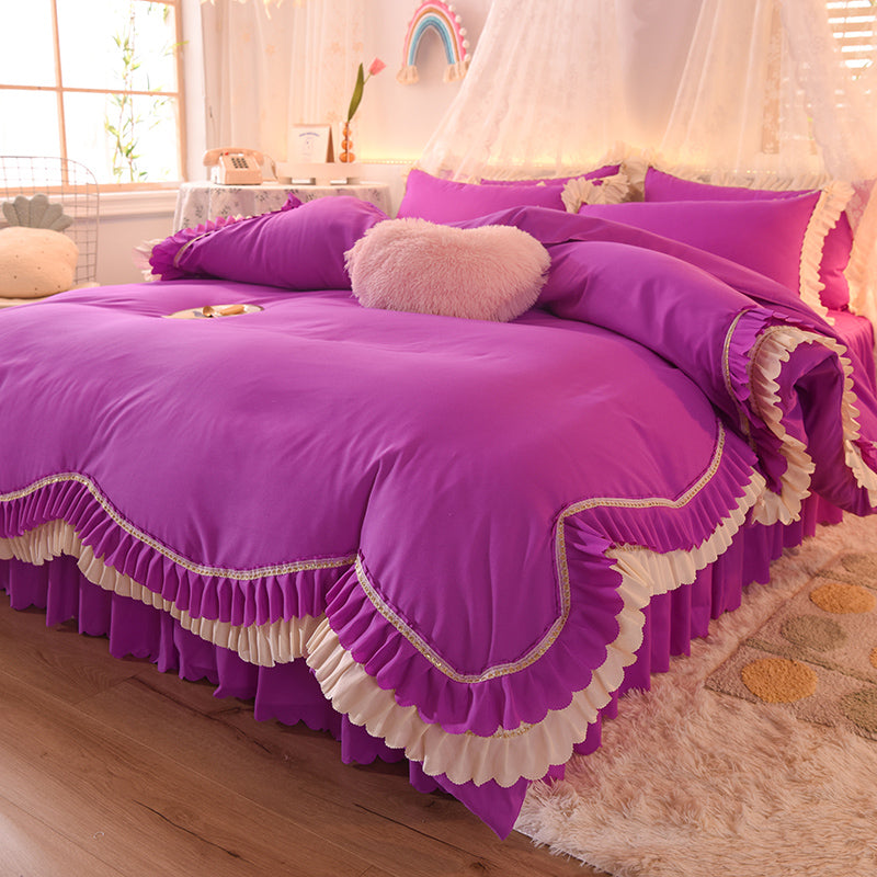 Luxury Four-Piece Lotus Leaf Lace Bed Sheet Duvet Cover Set with Bed Skirt
