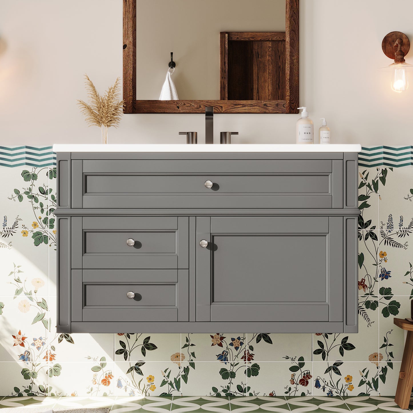 36-Inch Wall-Mounted Bathroom Vanity with Ceramic Sink & Drawers - Gray