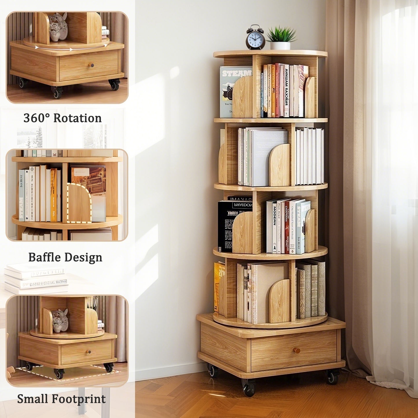 5 Tier Rotating Bookshelf, Display Round Spinning Bookshelf With