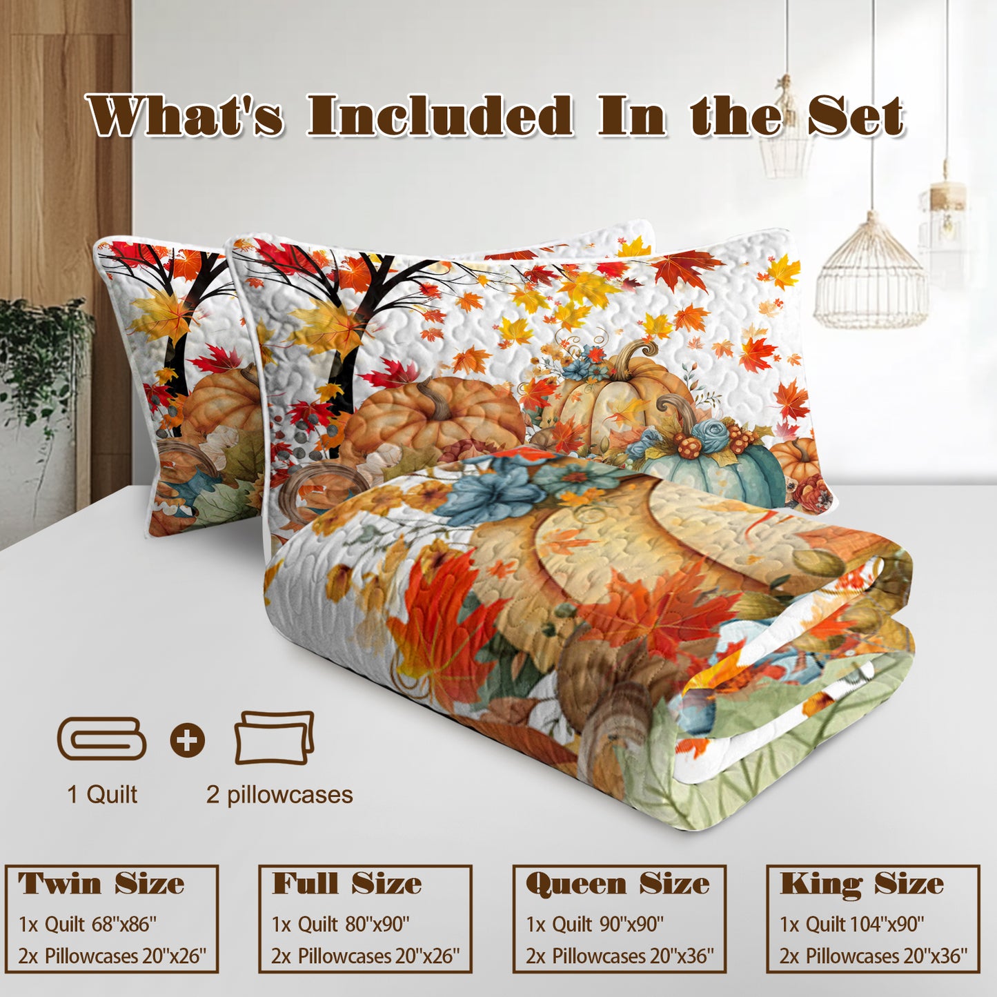 Autumn Quilt Set - Pumpkin Print Bedspread with 2 Pillow Shams