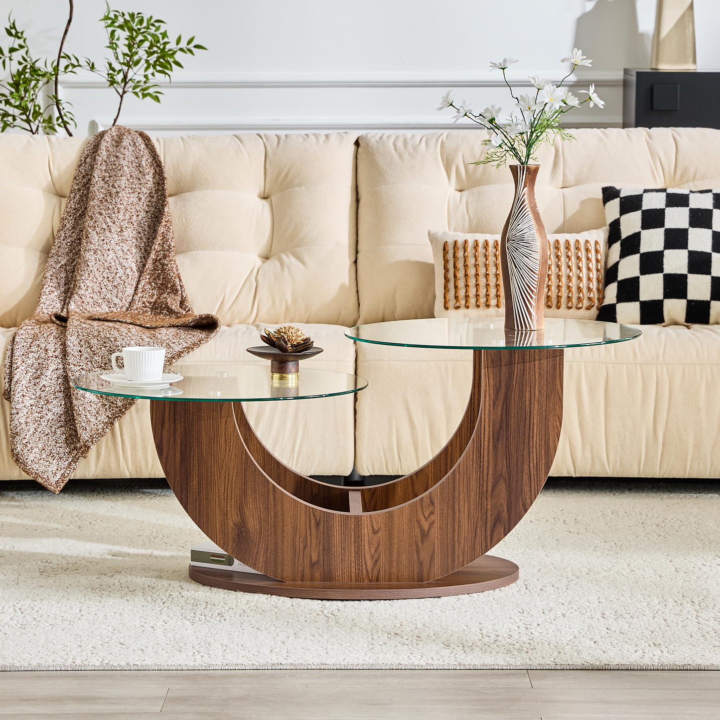 U-Shaped Double-Tier Glass Coffee Table with Walnut MDF Base