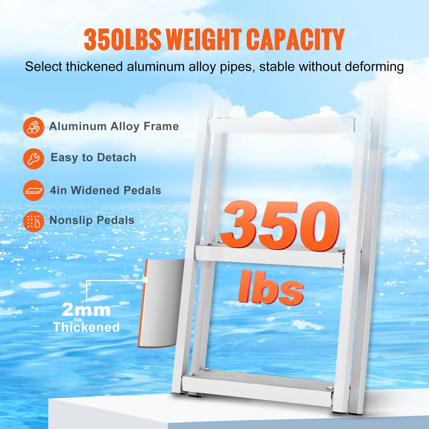 Removable Aluminum Dock Ladder with 5 NonSlip Steps - 350 Lb Capacity, Silver