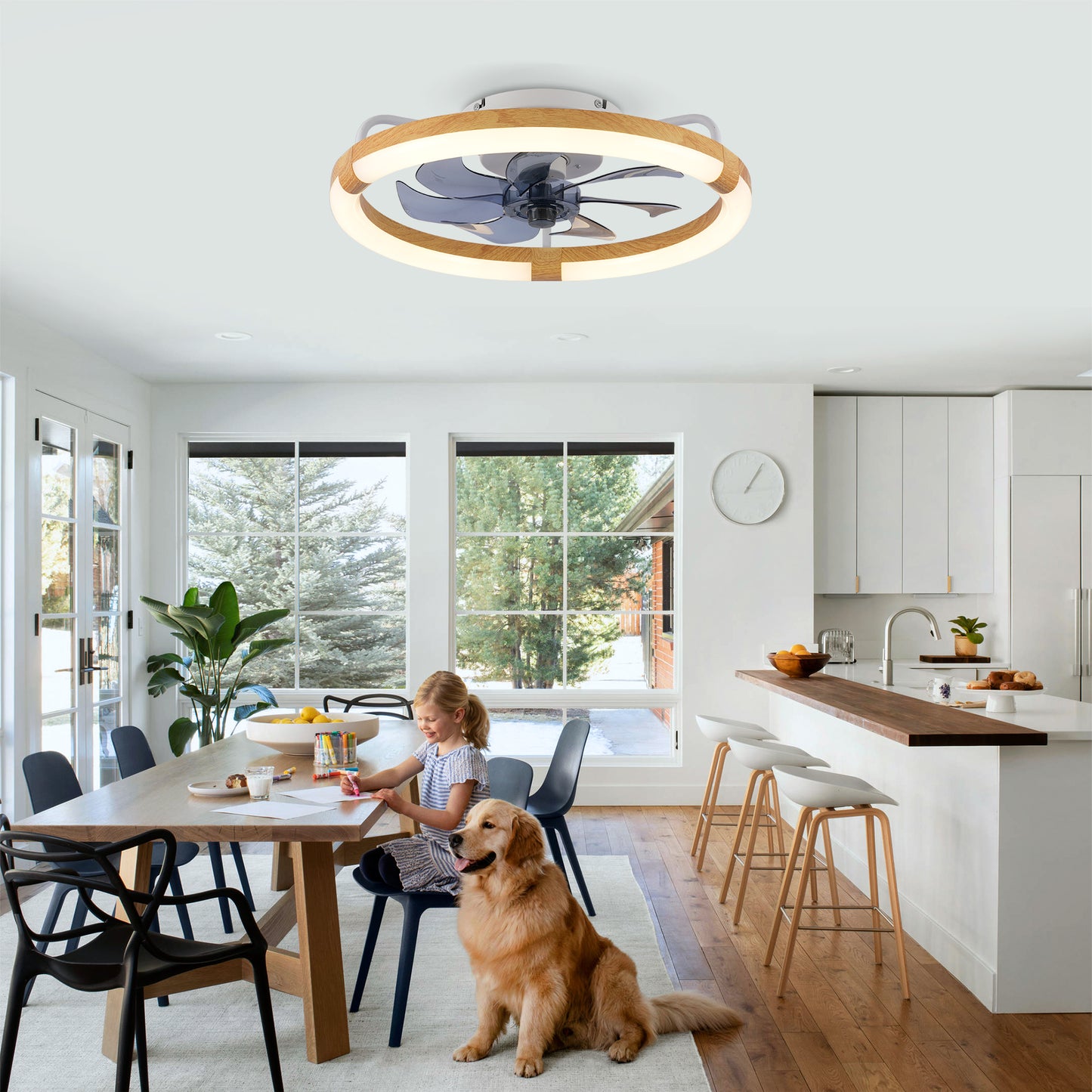 20" Modern Flush Mount Ceiling Fan with LED Light & Remote Control - Matte White Wood