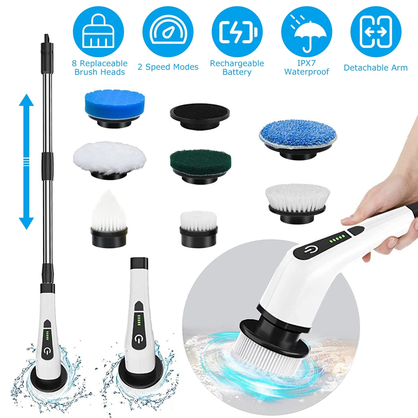Electric Spin Scrubber Cordless Rechargeable Bathroom & Tile Cleaner with 8 Replaceable Heads