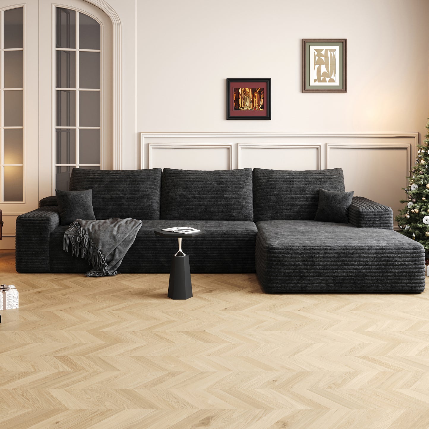 107" Cloud Sectional Couch with L-Shape Chaise - Black Plush Fabric