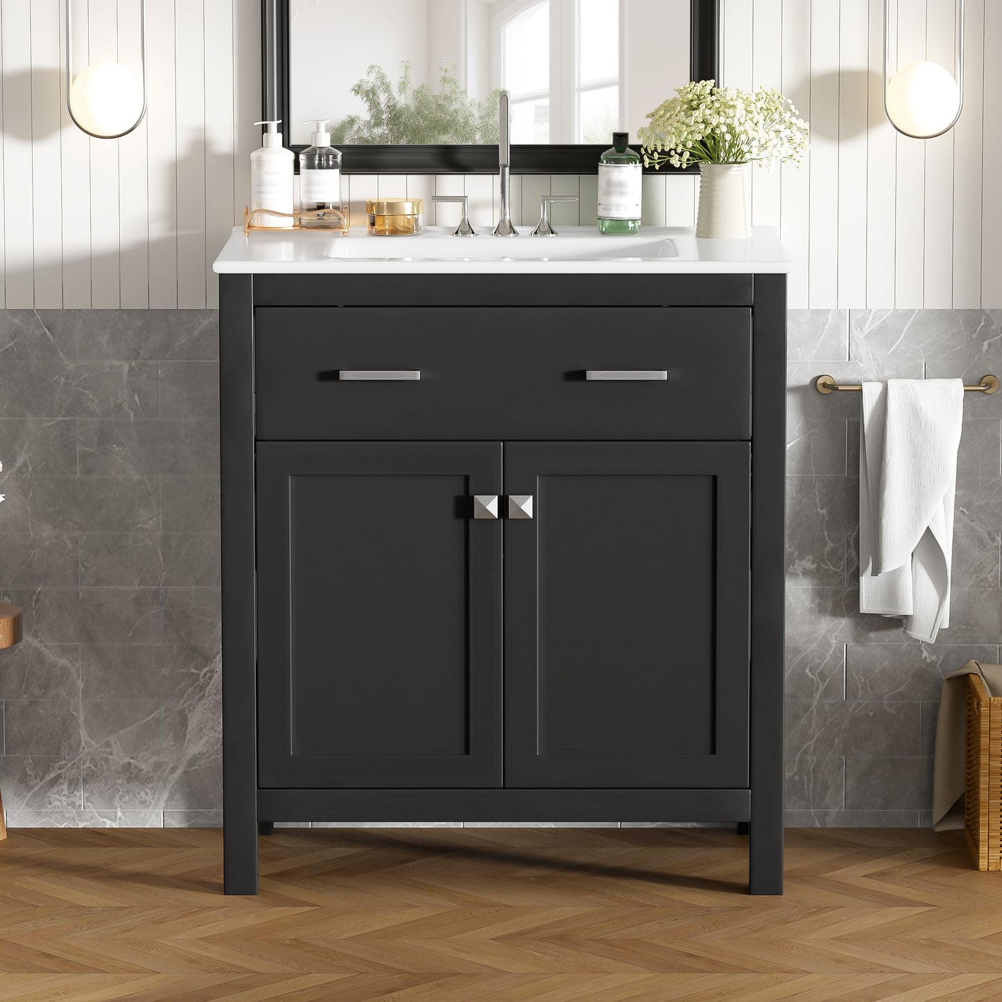 30" Black Bathroom Vanity with Ceramic Sink & Soft Close Doors