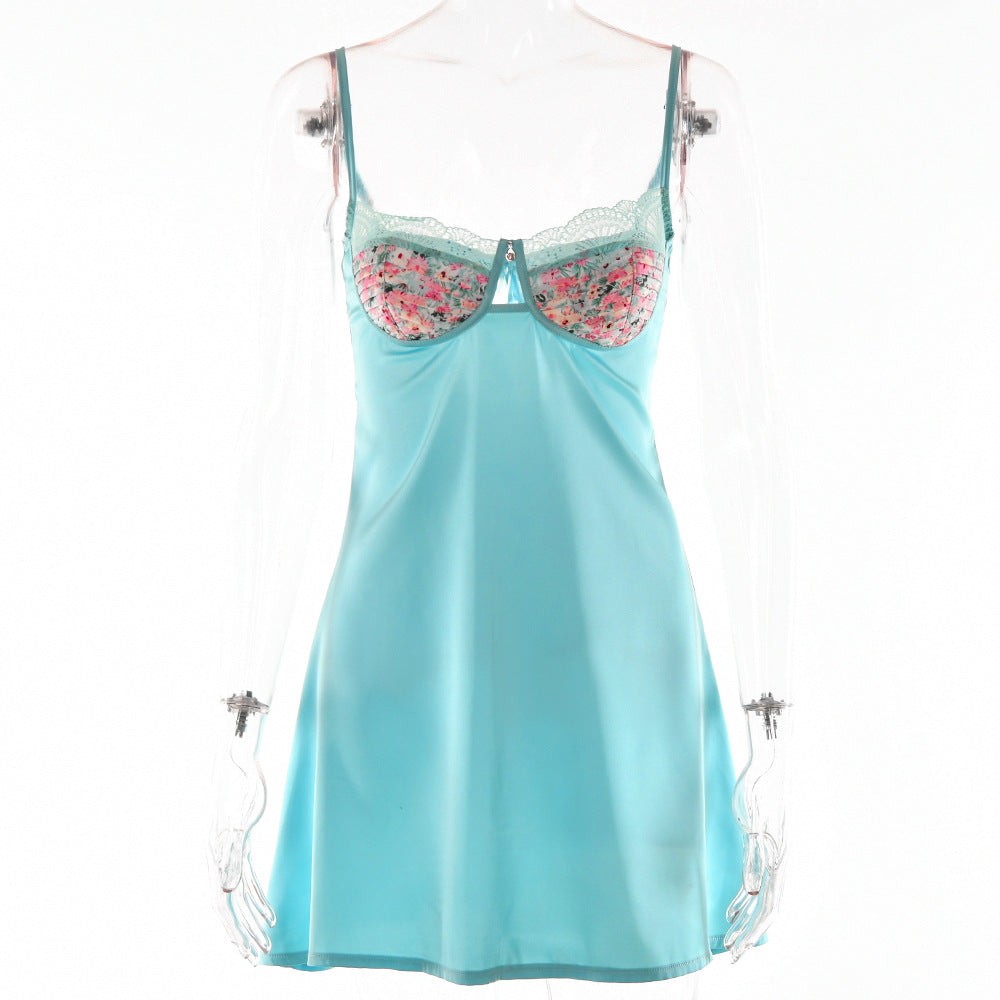 Lace Splicing Sling Short Dress with Low-Cut Design