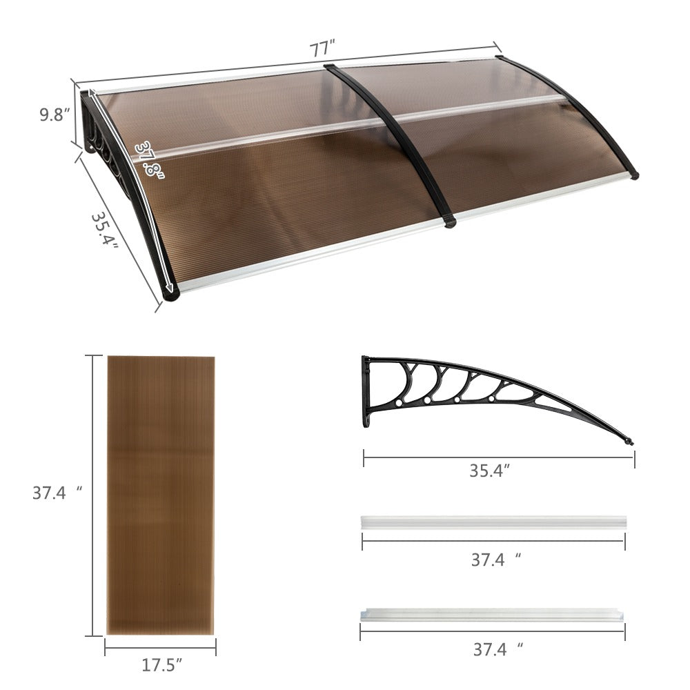 80x38in Outdoor Door Window Awning with Brown Polycarbonate Panel & Black Bracket - Rain Snow Sun Shade Cover, Durable 10-Year