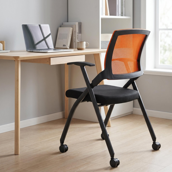 Stackable Folding Office Chair with Wheels - Ergonomic Padded Seat, 350lbs Capacity, Orange