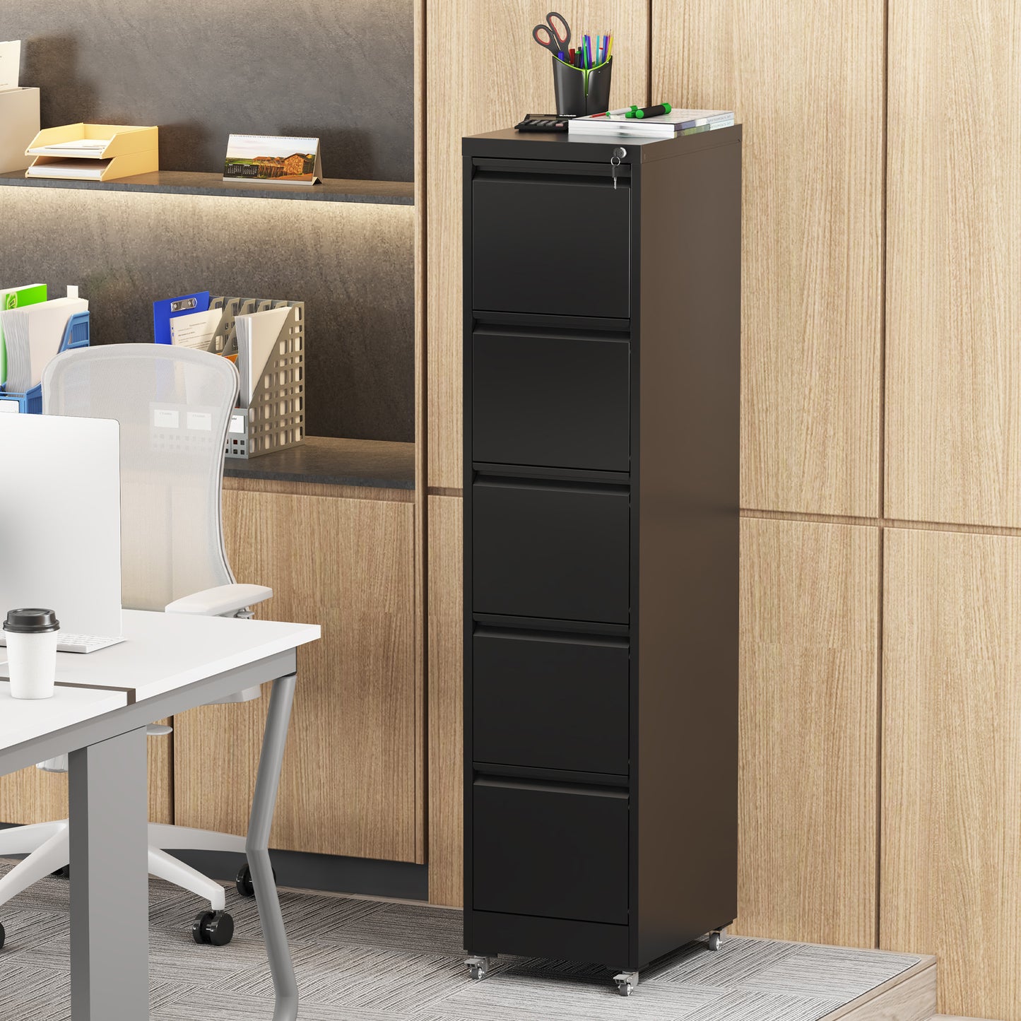 5 Drawer Metal Vertical File Cabinet With Lock On Wheels For Home