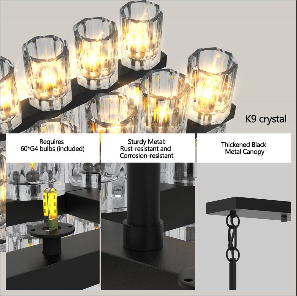 Luxurious Crystal Chandelier with Black Frame - Adjustable Height