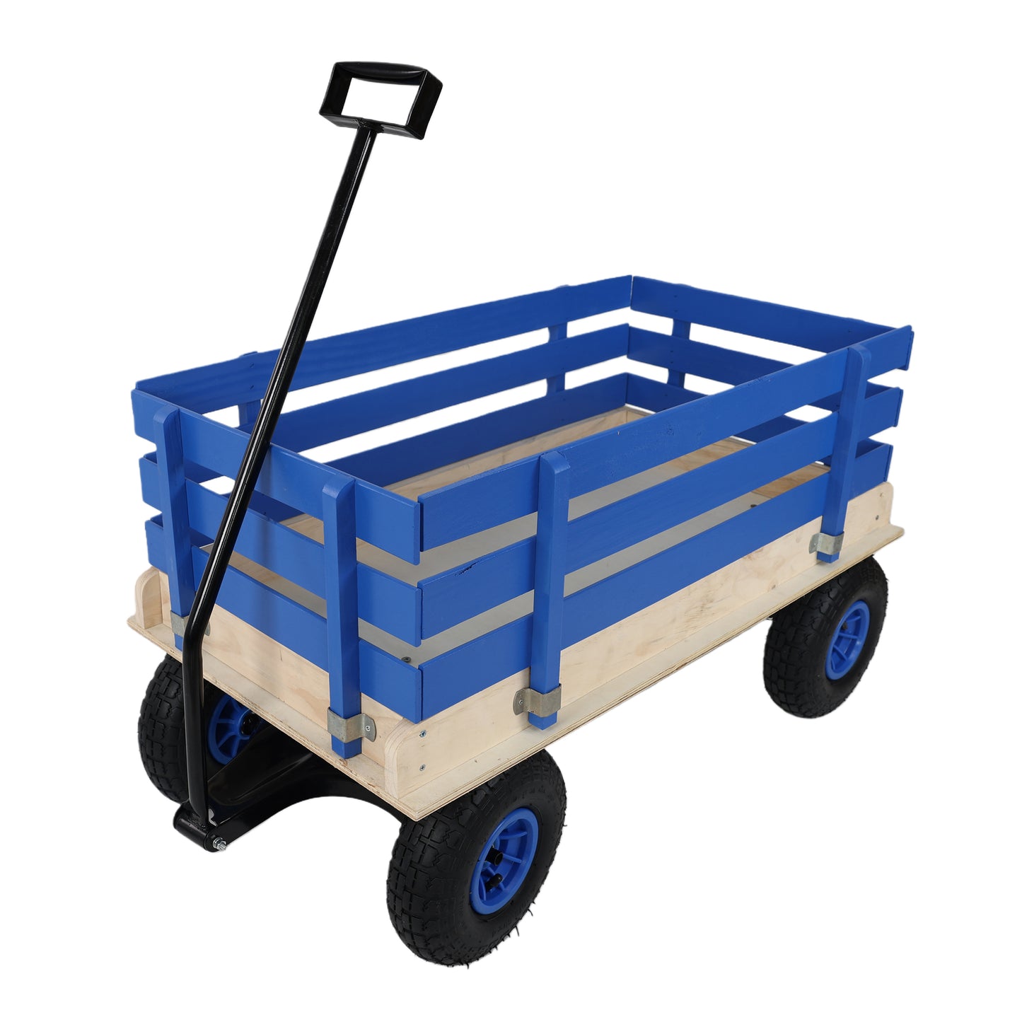 Blue Wooden Kids Pull Wagon with Removable Side Rails & All-Terrain Wheels