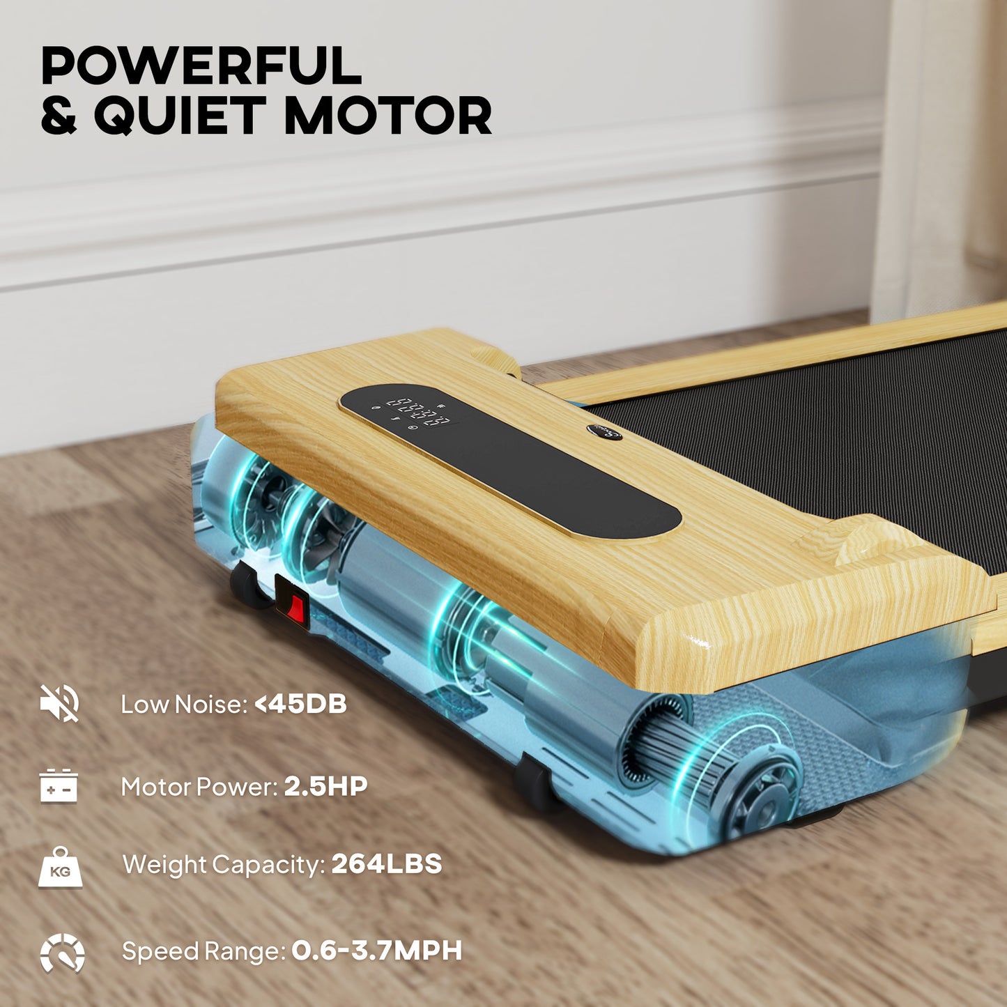 Under Desk Treadmill with Remote Control and LED Display - Natural Wood