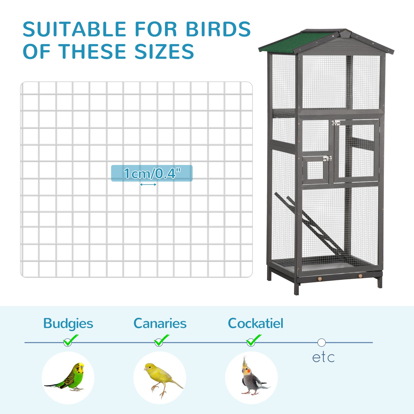 65-Inch Outdoor Wooden Bird Cage for Parrots & Small Birds with Pull-Out Tray - Grey