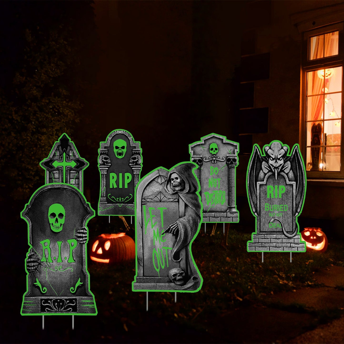 Glow In The Dark Halloween Yard Sign Set - 6 Pcs Skeleton & Cat