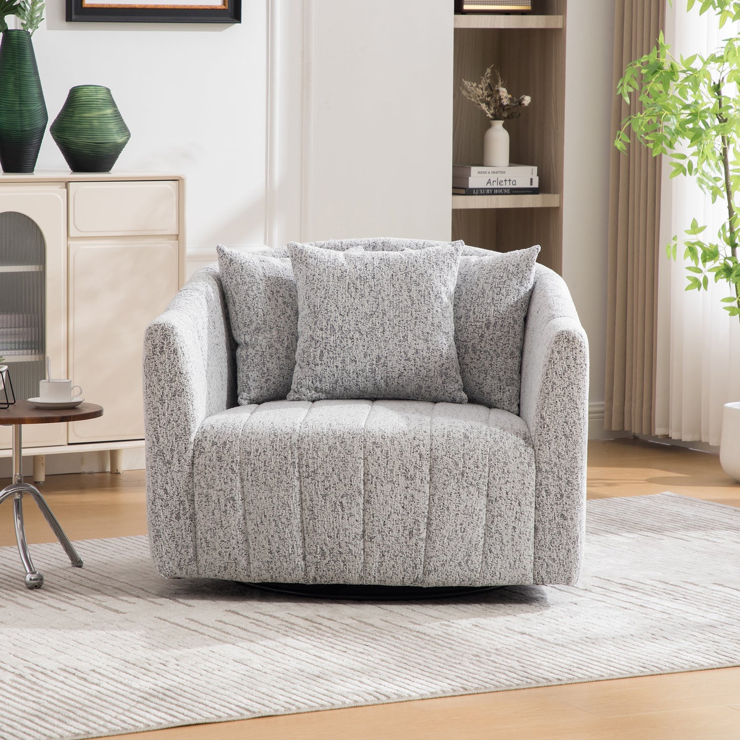 Oversized 360° Swivel Accent Barrel Chair with 3 Pillows - White/Black