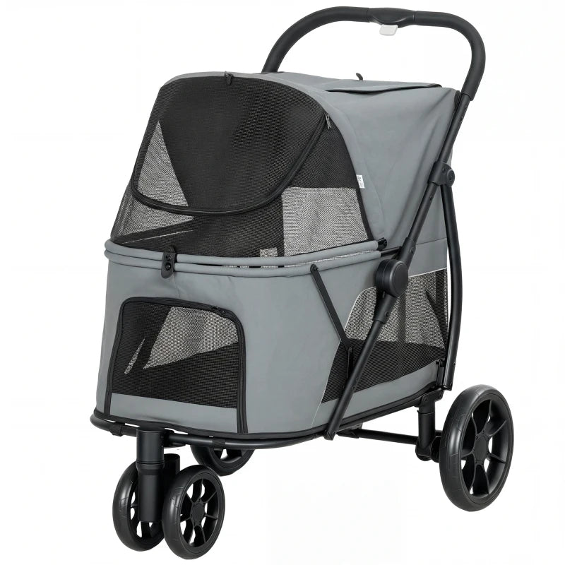 Pet Stroller for Medium Dogs - 3 Wheel Folding Canopy Mesh Window Gray