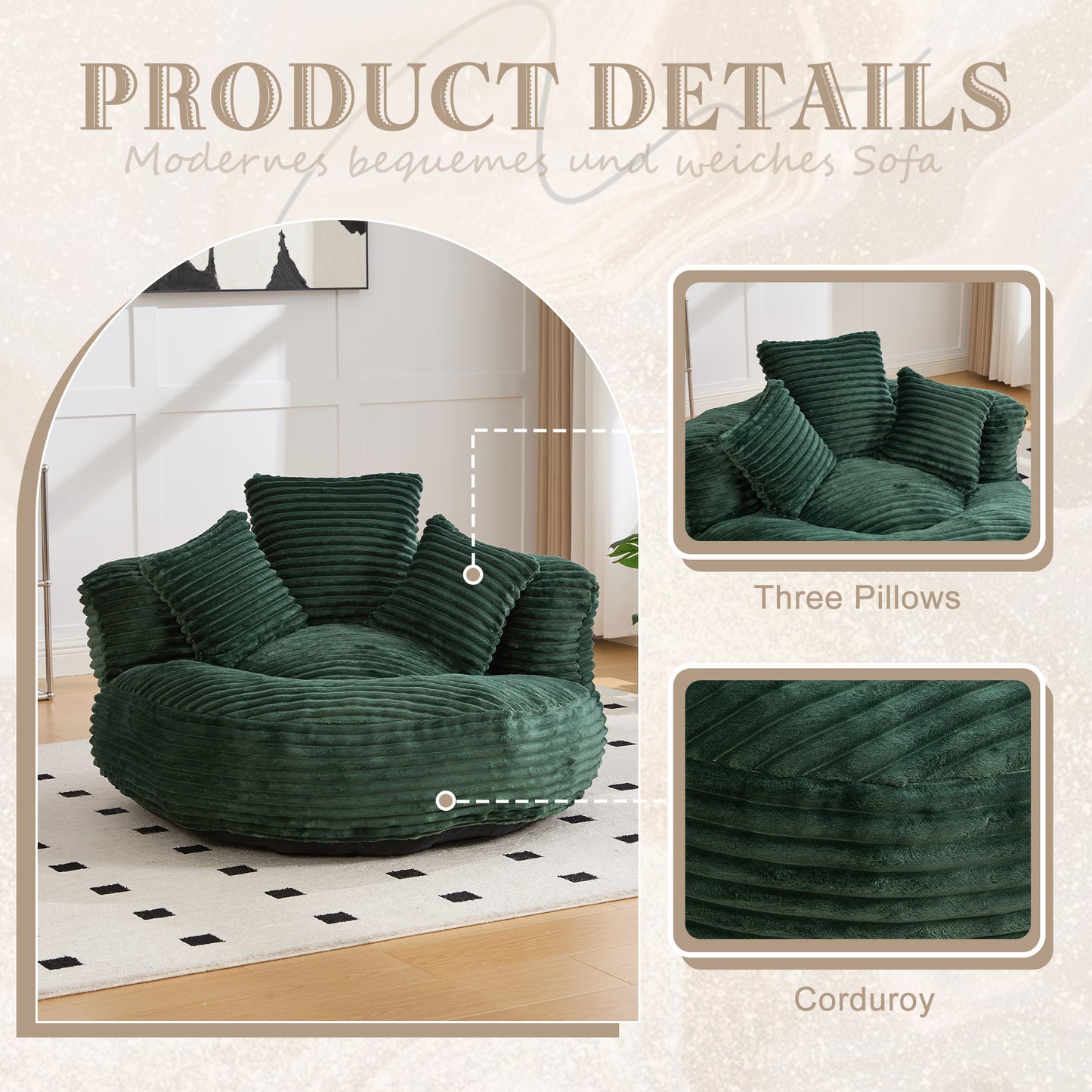 Oversized Corduroy Bean Bag Chair with 3 Pillows - Emerald