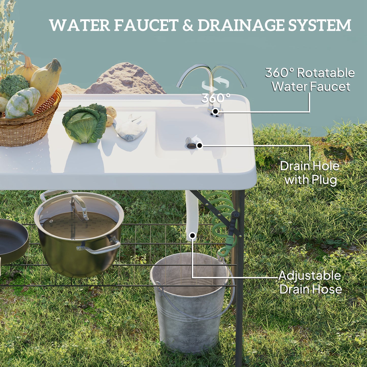 Portable Fish Cleaning Table with Sink & Faucet - White