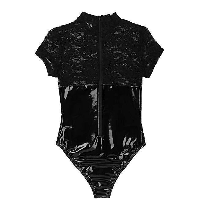 Black Patent Leather Lace Bodysuit for Women - Sexy Lingerie