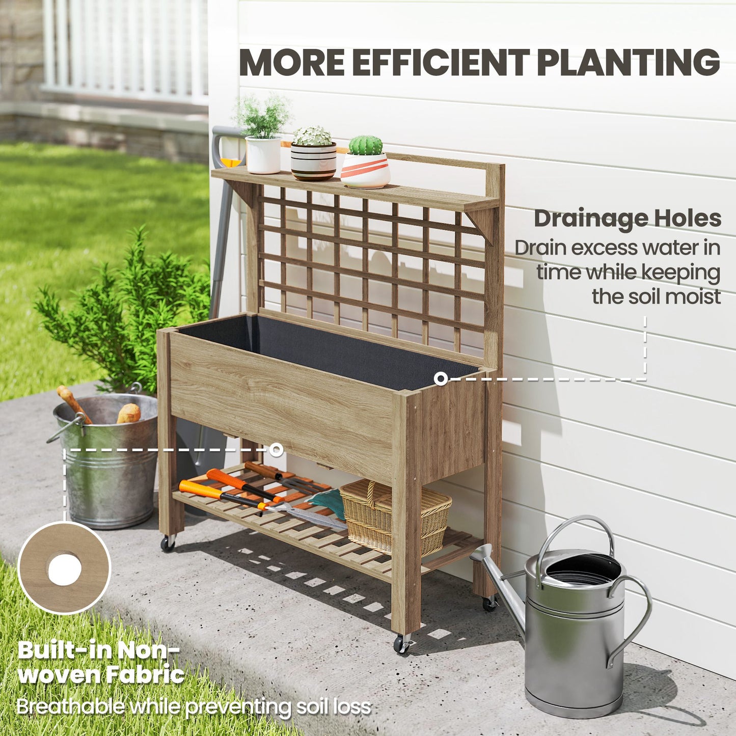 41-Inch Raised Garden Bed with Wheels, Wooden Planter Box, Trellis & Storage Shelf - Dark Brown