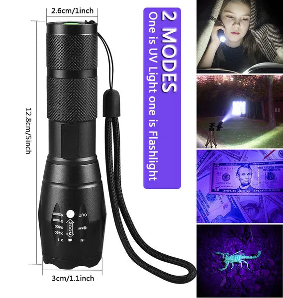 UV Flashlight LED Torch - Zoomable Dual Light Detector