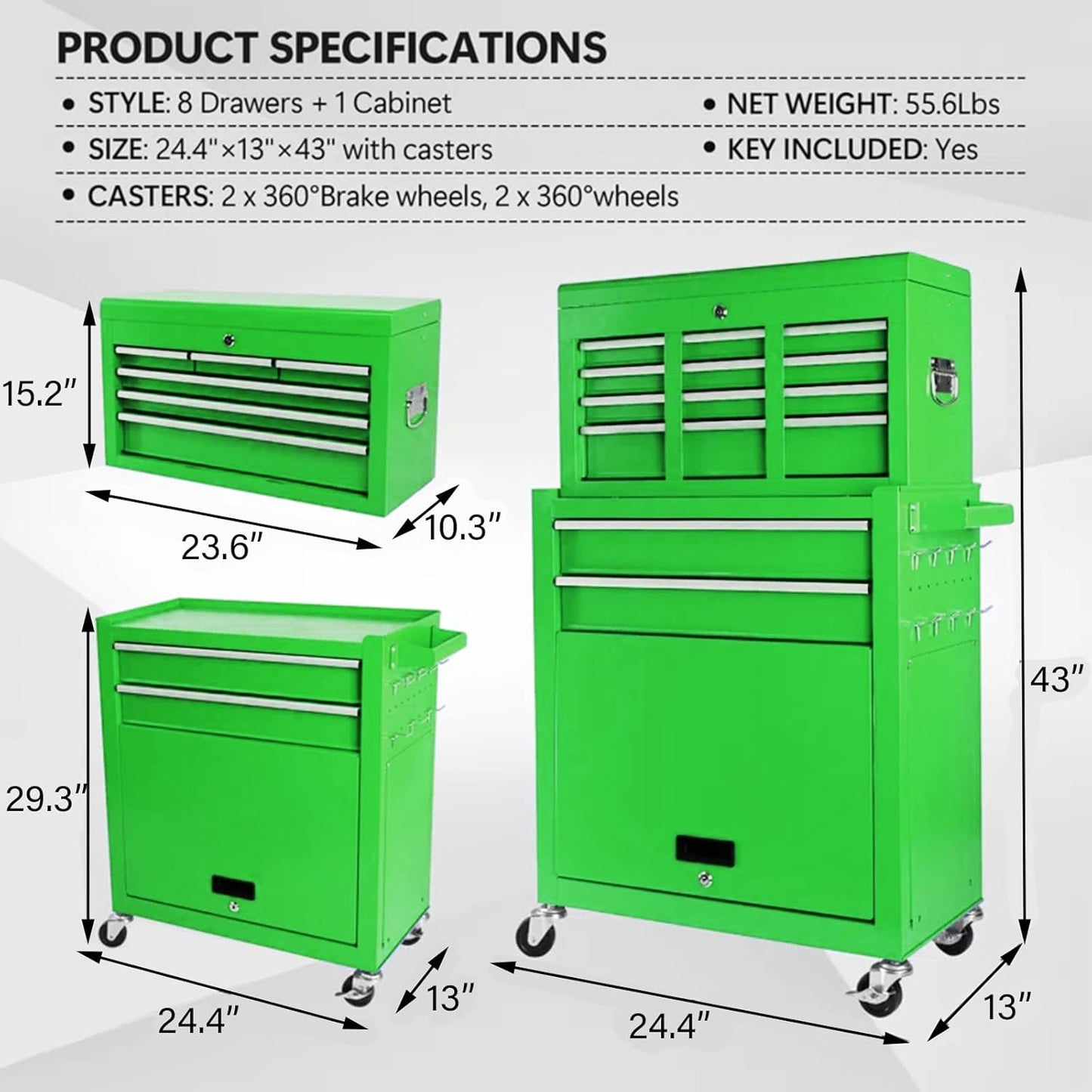 8-Drawer Rolling Tool Chest with Lockable Cabinets and Wheels - Garage Storage