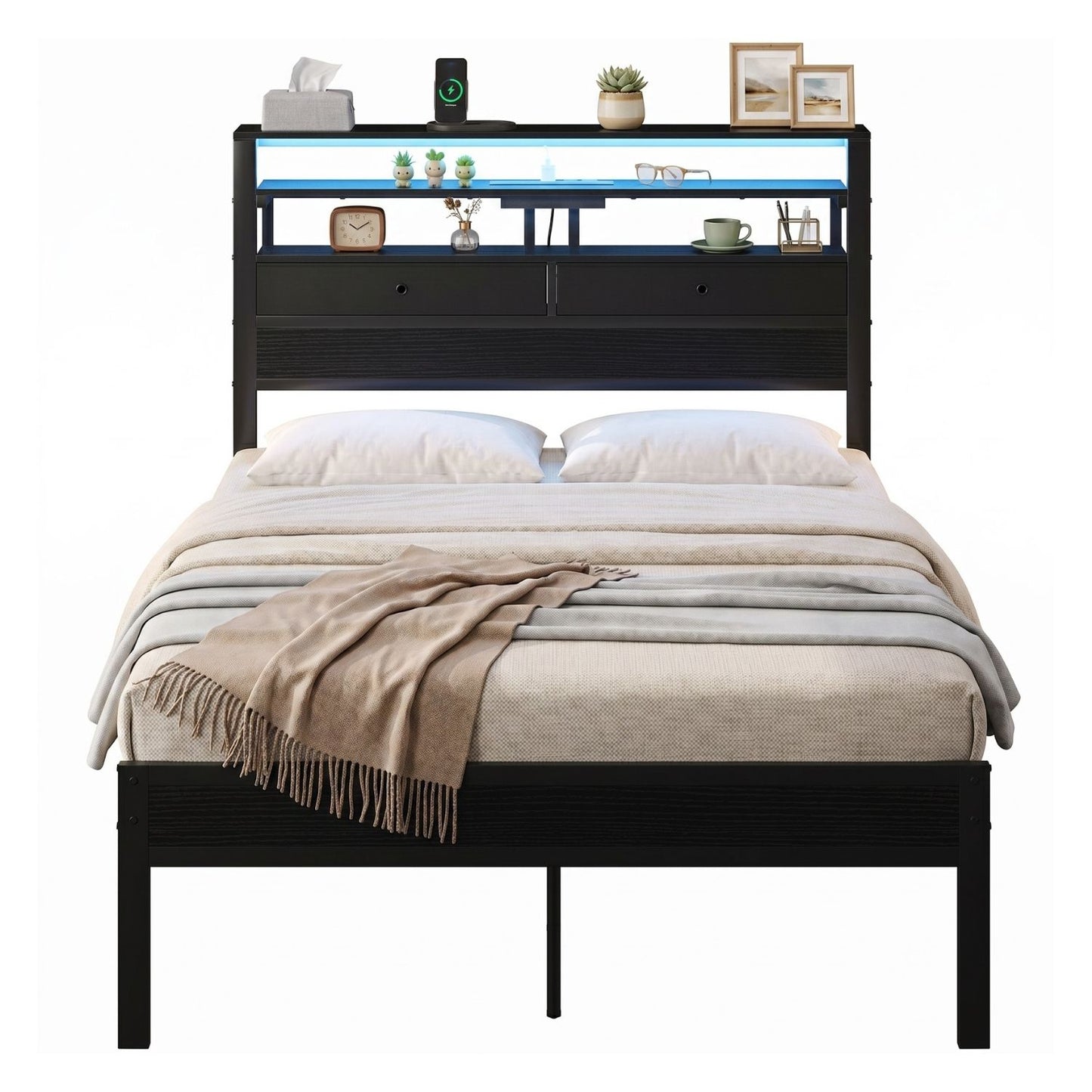 Full Bed Frame with LED Lights & Charging Station - Wood Headboard, Storage Drawers