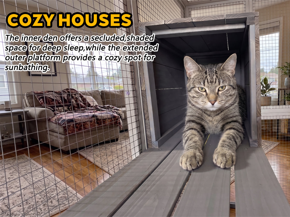 Gray Wooden Cat Enclosure with Waterproof Top, 2 Napping Boxes, Spacious & Secure