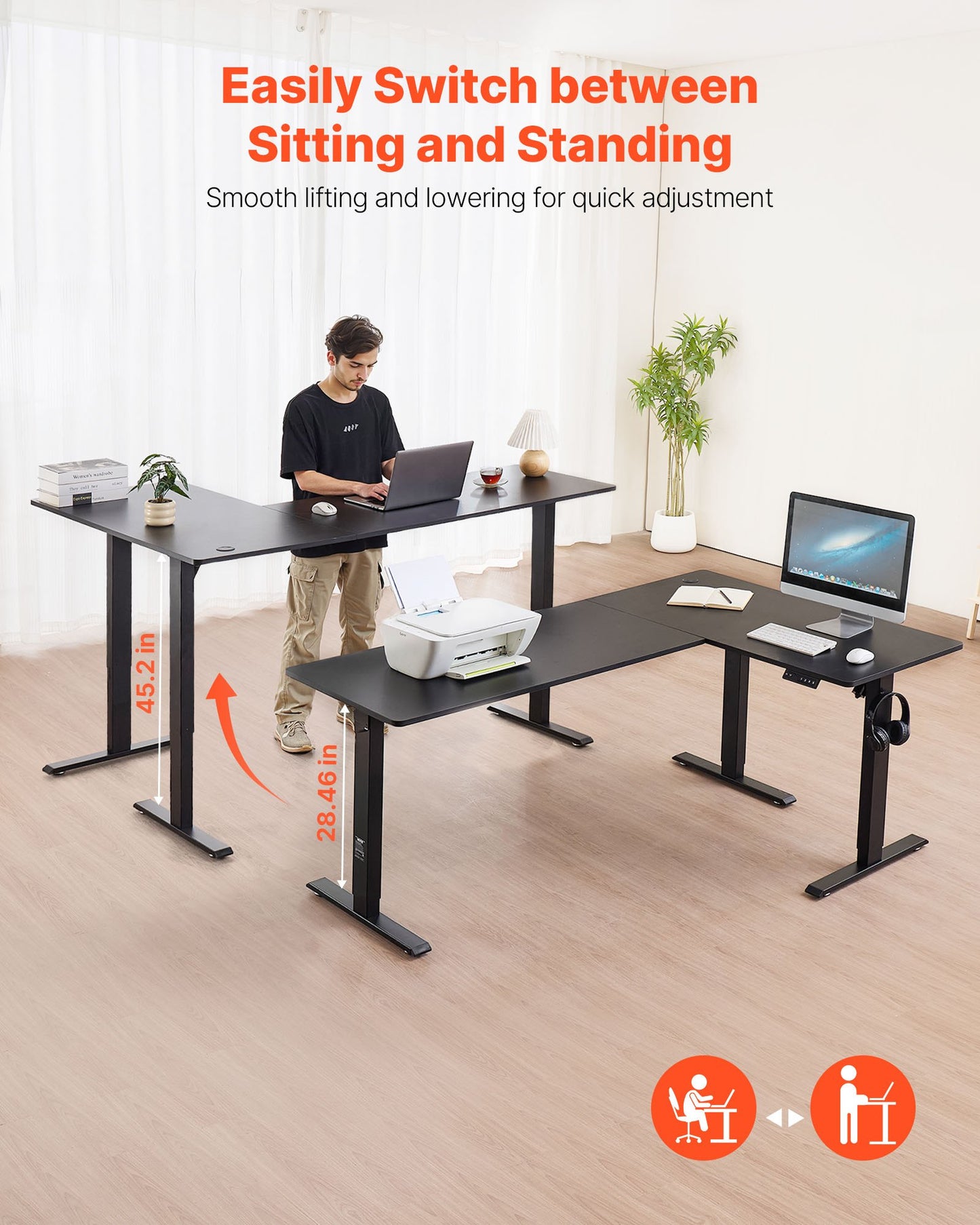 Electric Adjustable Height L-Shaped Gaming Desk - Black