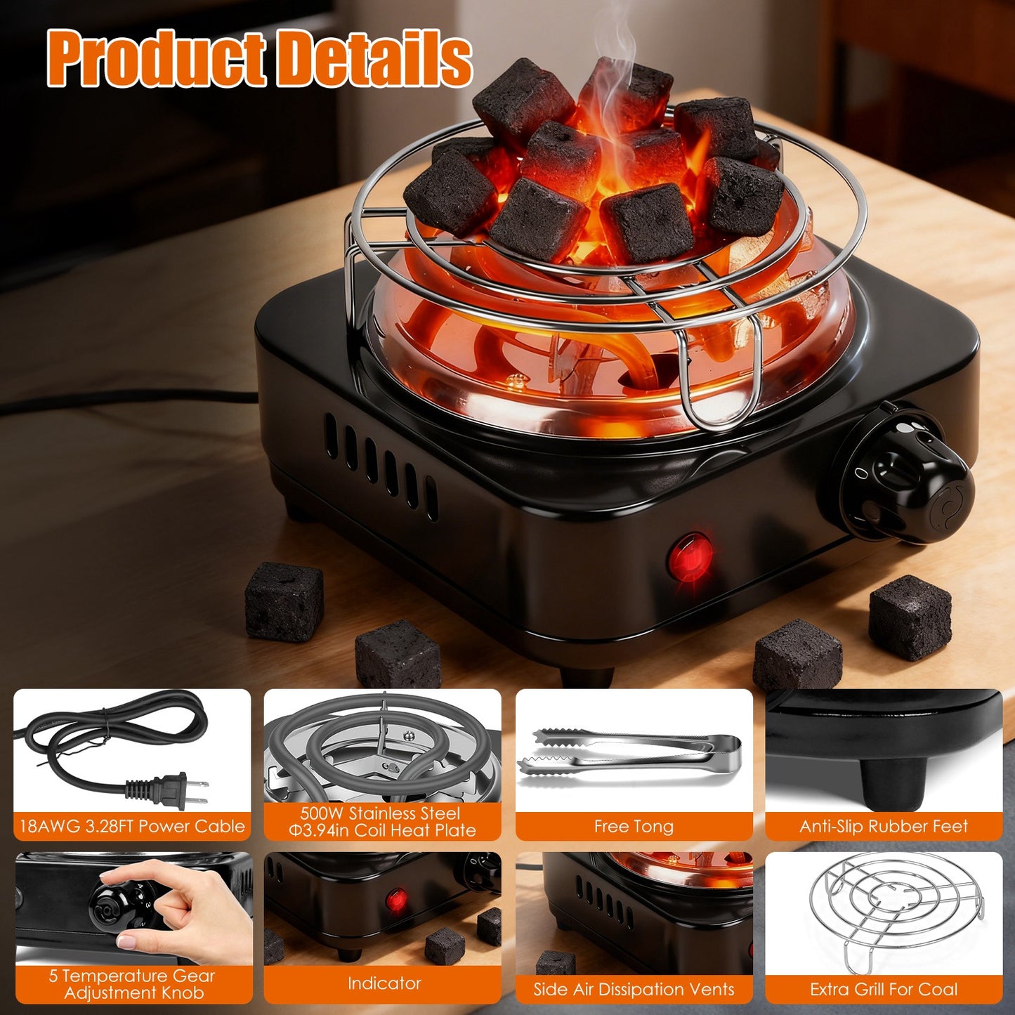 500W Electric Charcoal Burner with Thermostat Control & Tongs