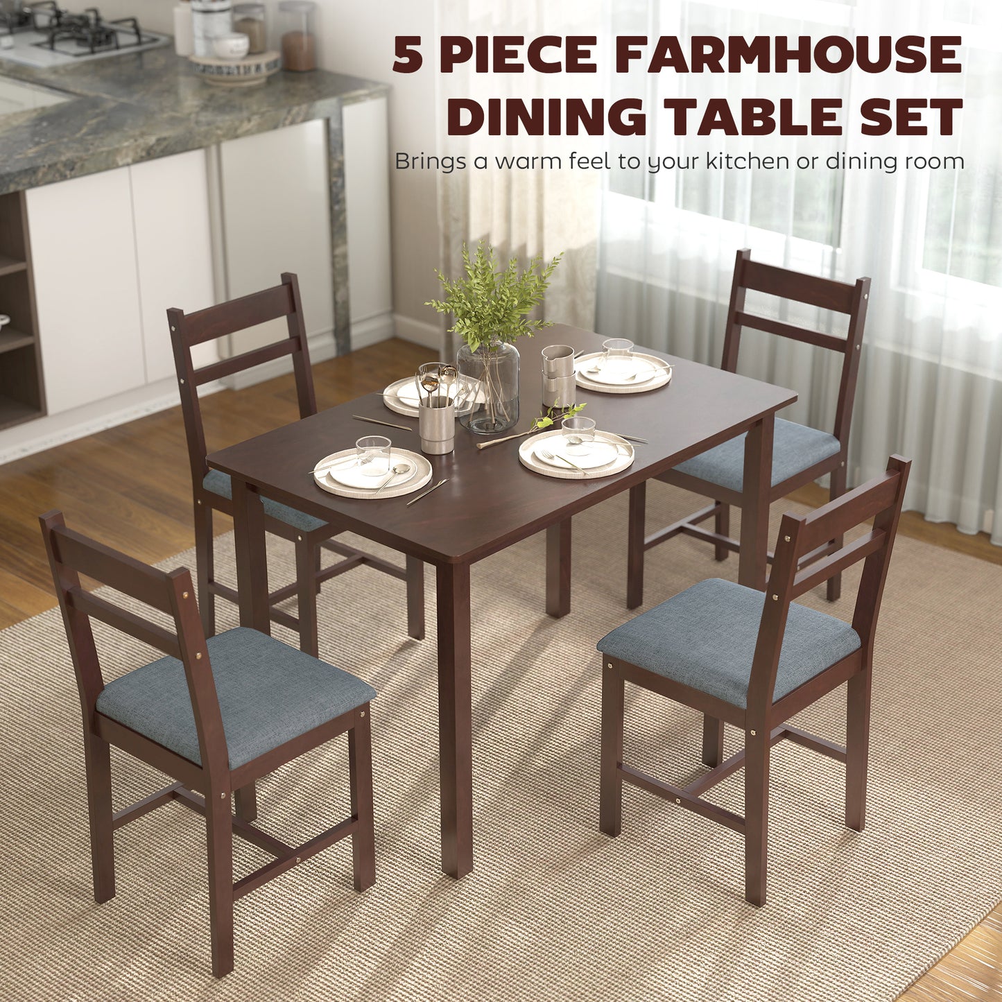 5-Piece Solid Wood Dining Table Set for 4, Farmhouse Kitchen with