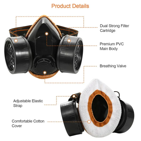 Industrial Respirator Mask with Anti-Fog Goggles - Dual Filter - Black