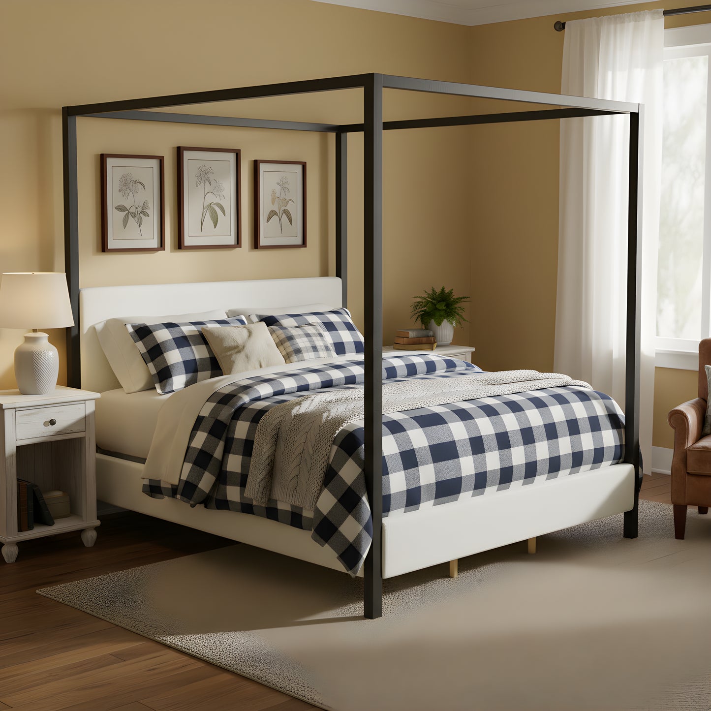 King Size Modern Black Metal Canopy Bed with White Boucle Upholstery
