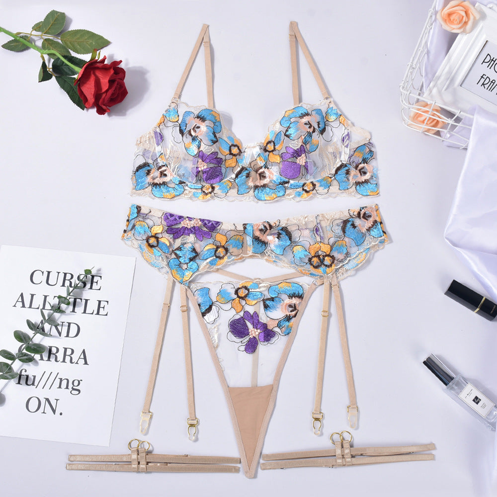 Gather Perspective Embroidery 5-Piece Lingerie Set for Women - Purple & Apricot