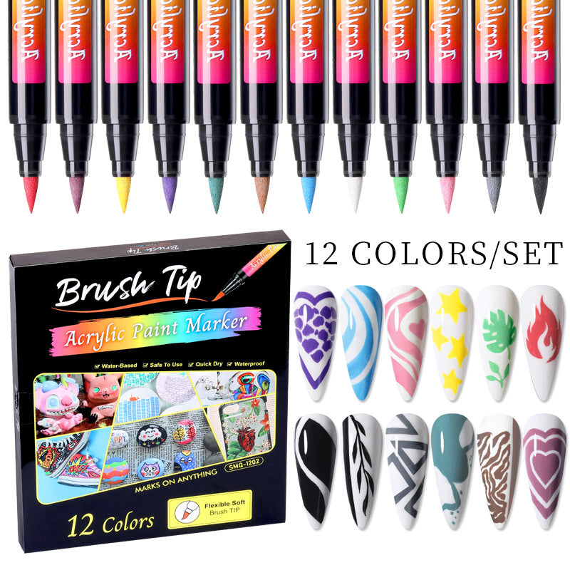 12-Color Nail Art Pen Set with Brush Tips