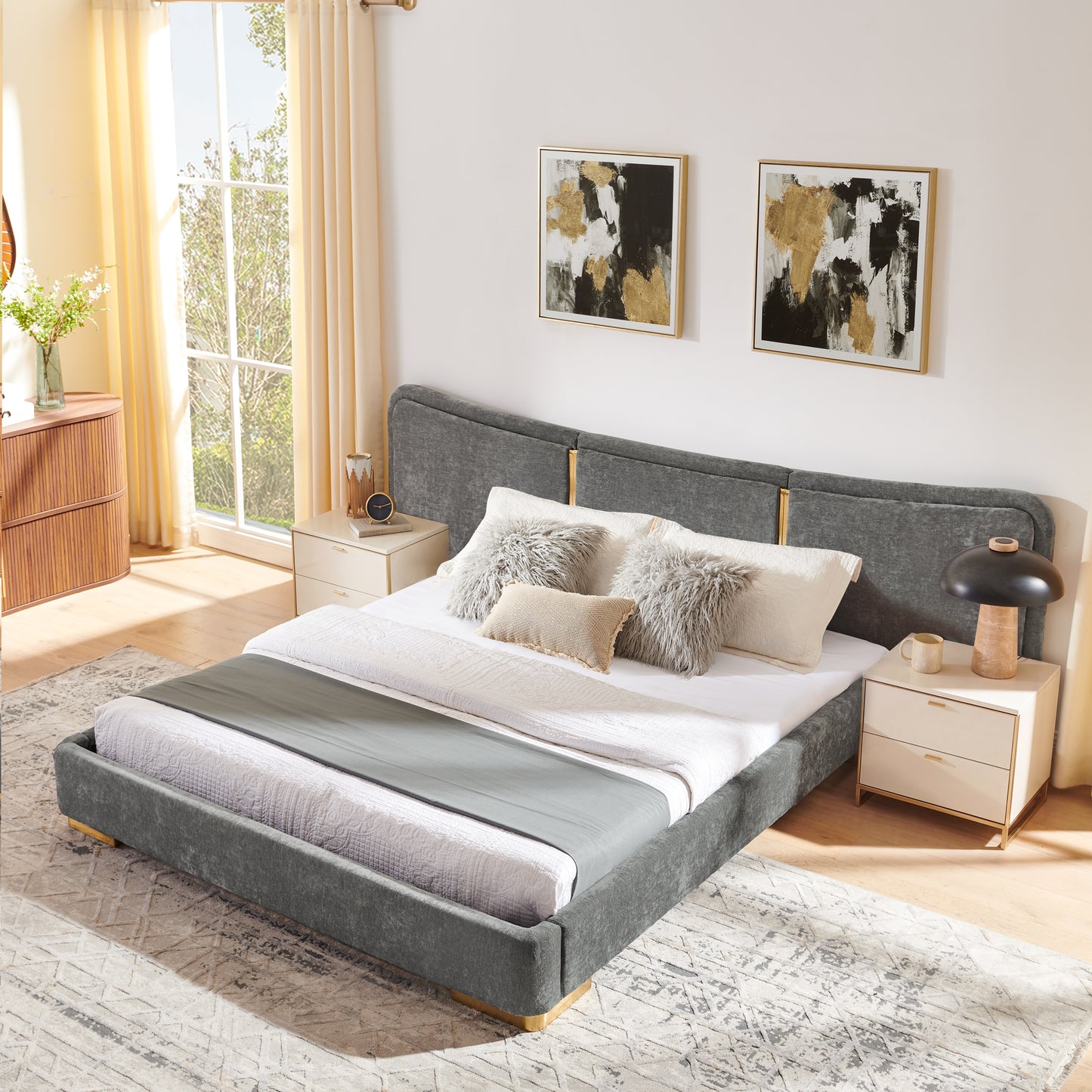 Queen Size Platform Bed with Curved Headboard - Dark Gray